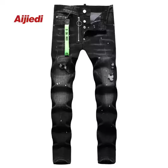 Men's Personalized Black Paint-Splattered Ripped High Street Jeans with Drawstring, Trendy Splatter Design