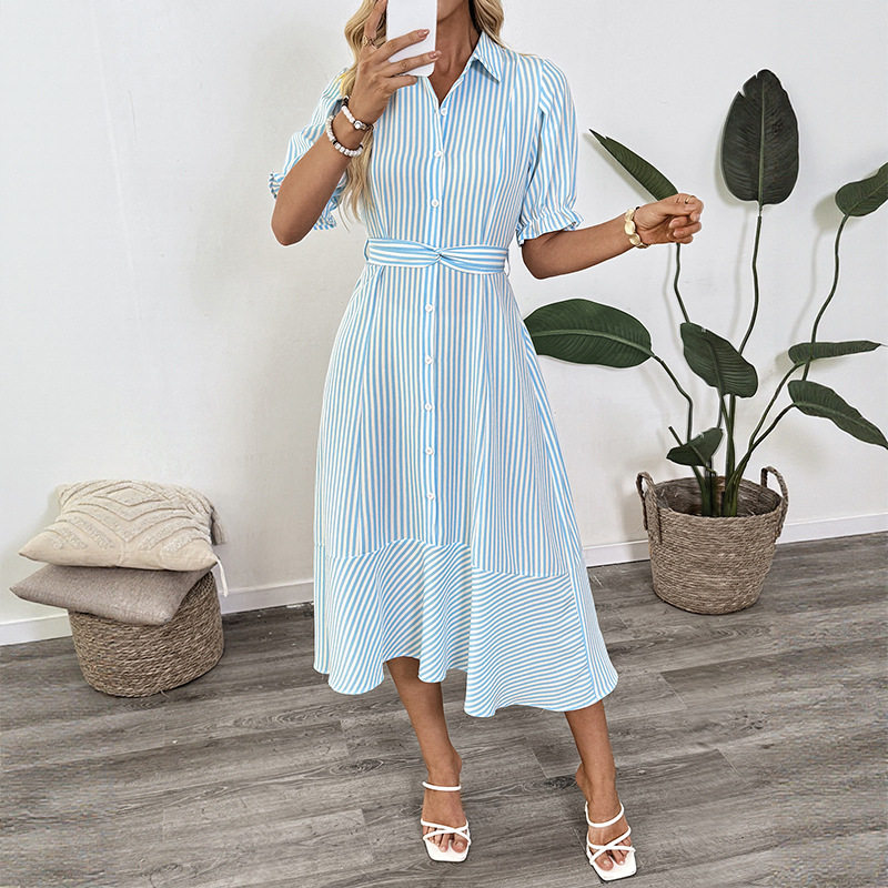 Striped Puff Sleeve Shirt Dress Summer Long Dress for Dating and Commuting Lightweight Stylish Comfortable