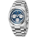 White case, deep blue dial, steel strap