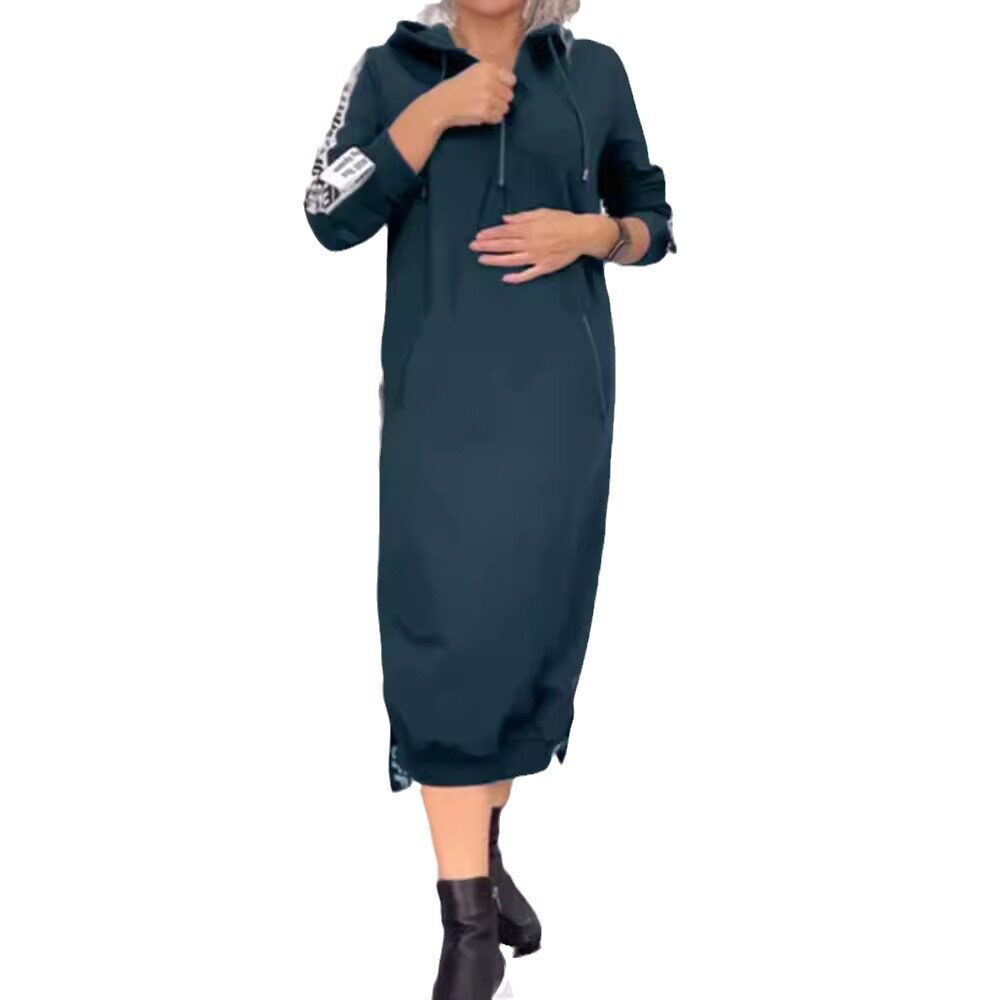 Hooded Long Sleeve Dress Letter Print Split Design Trendy Style Autumn Winter Fashion for Women Wholesale Available