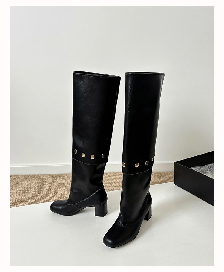 Boot nữ cổ cao gót vuông đính đinh tán, ống tháo rời hai kiểu mặc — Lớp lót đơn màu đen, Lớp lót đơn màu xám, Lớp lót nhung màu xám, nhung đen
