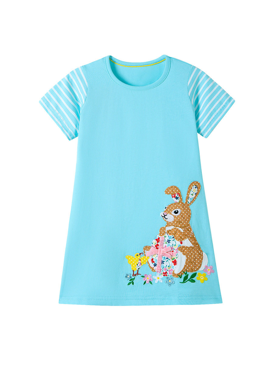 New Girls' Dress, Summer Short-sleeve Kids' Skirt, Applique Cartoon Kids' Dress