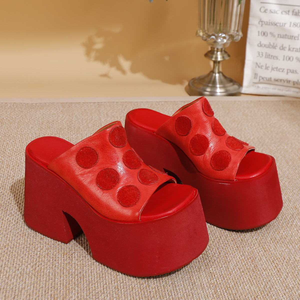 Dép sandal nữ da bò thật đế dày gót cao phong cách tối giản — Màu đen, Màu đỏ