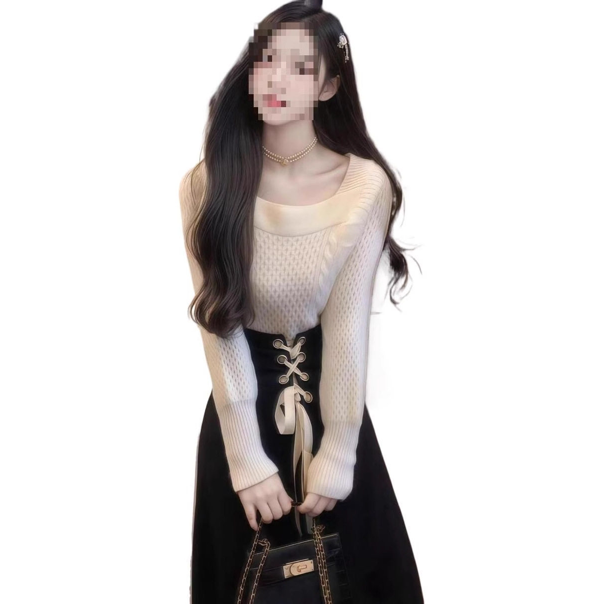 French Fashion Small Fragrance Spring and Winter New Style Knitted Long-Sleeved Sweater Waist Pleated Skirt Two-Piece Set Trendy