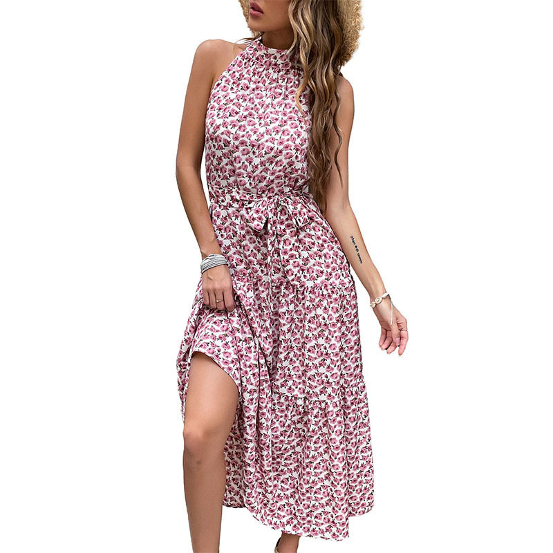 Floral Midi Dress Slim Fit Halter Neck Romantic Style Perfect for Vacation or Casual Outings Wholesale Available