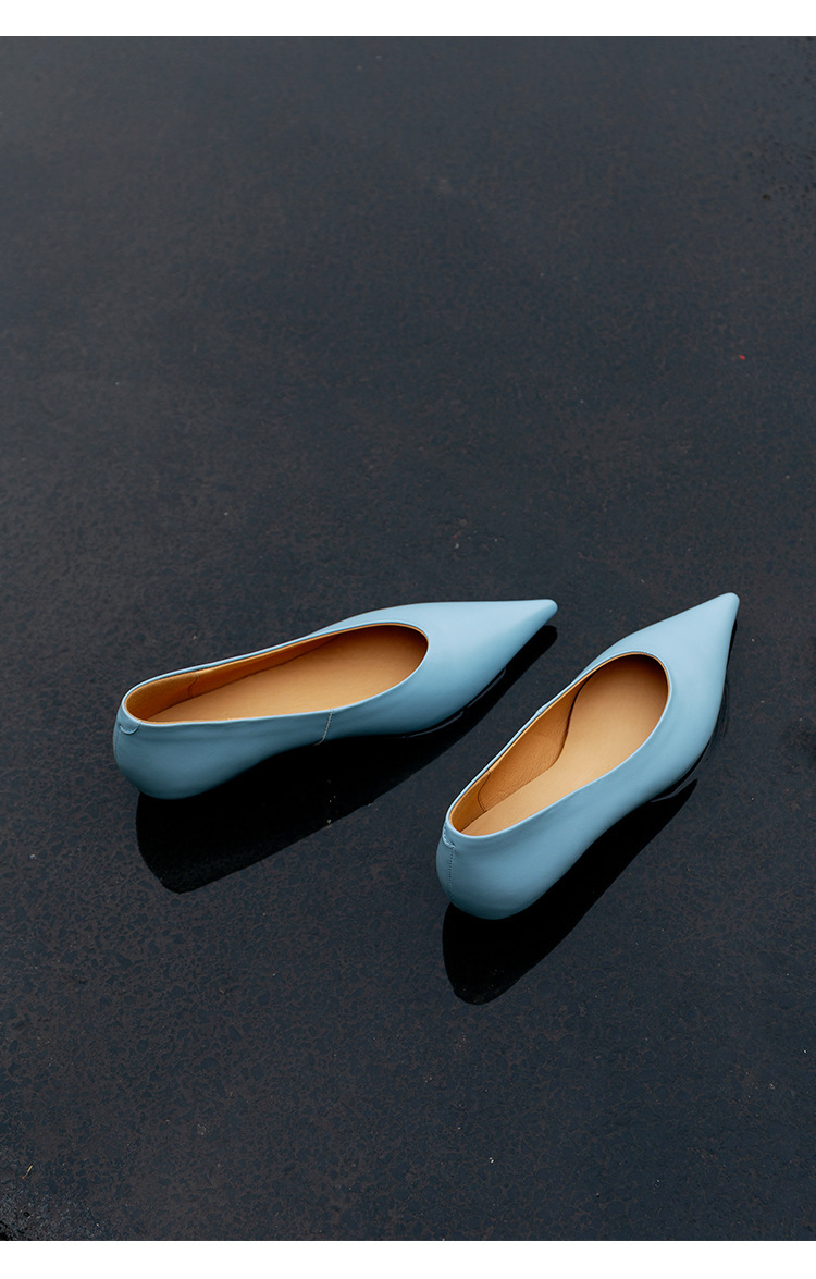 Giày cao gót nữ mũi nhọn gót thô 3cm da bò thật, giày slip-on thanh lịch dễ phối đồ — Chu Guli, Màu trà sữa, màu xanh mờ