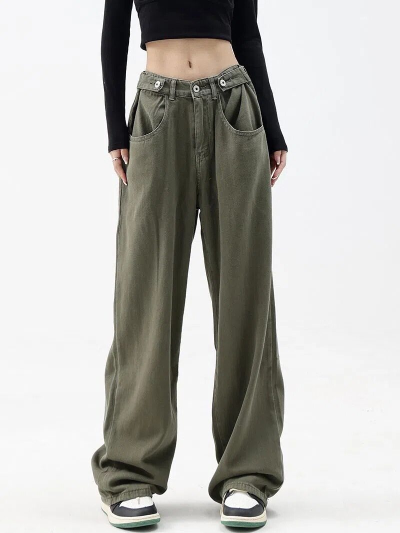 Womens Green High Waisted Straight Leg Jeans Adjustable Loose Fit Plus Size Casual Spring Fall Wear Wholesale