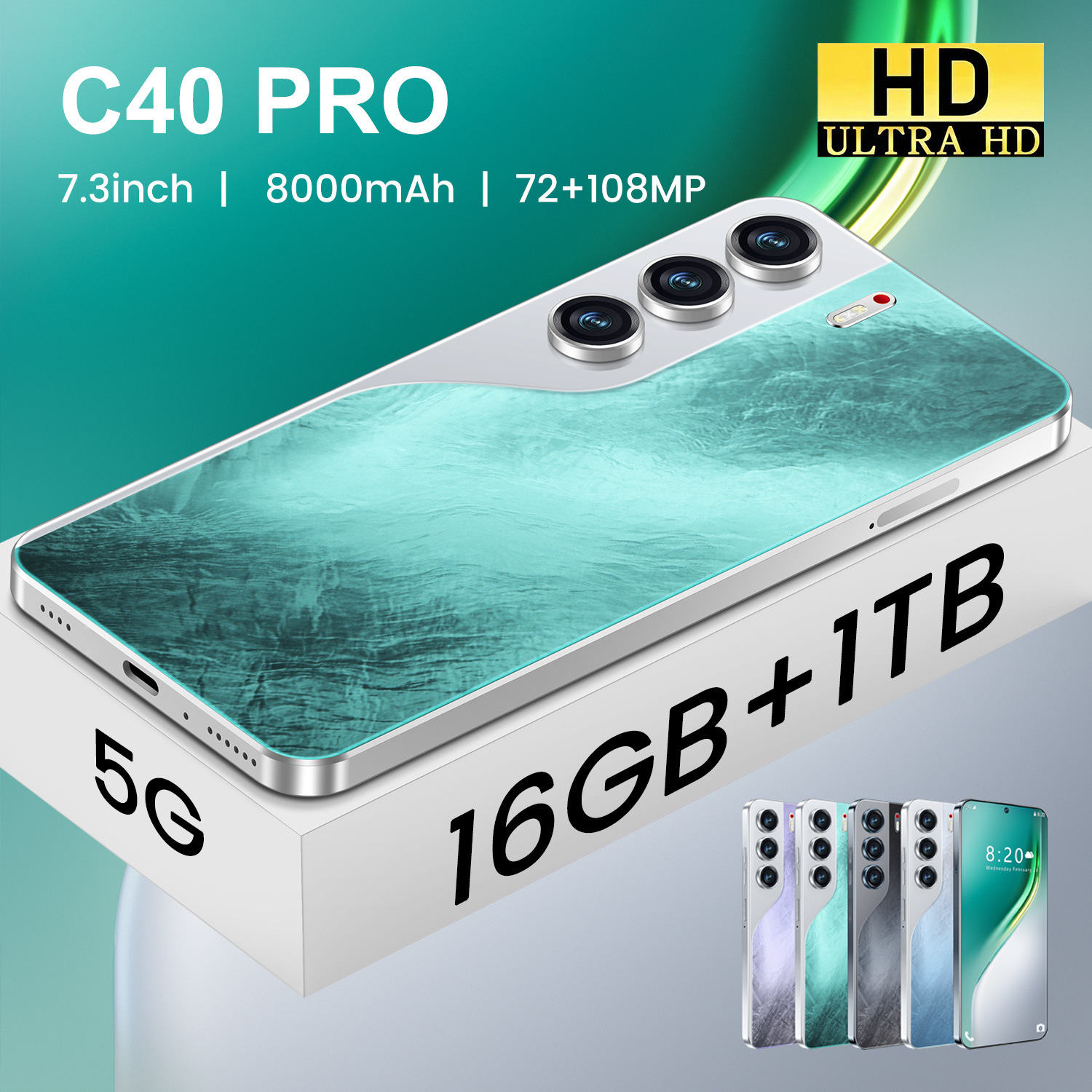 跨境手机C40 Pro 穿孔7.3寸大屏 安卓14外贸热销新款真4G智能手机