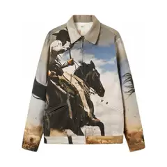 Cross-Border Supply Men's and Women's Classic Horse Pole Western Cowboy Print Lapel Denim Jacket Loose