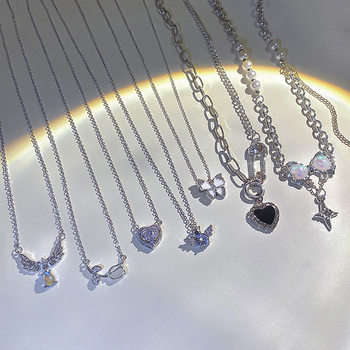 South Korea silver titanium steel necklace for girls versatile high sense niche Pearl butterfly pendant clavicle chain jewelry wholesale