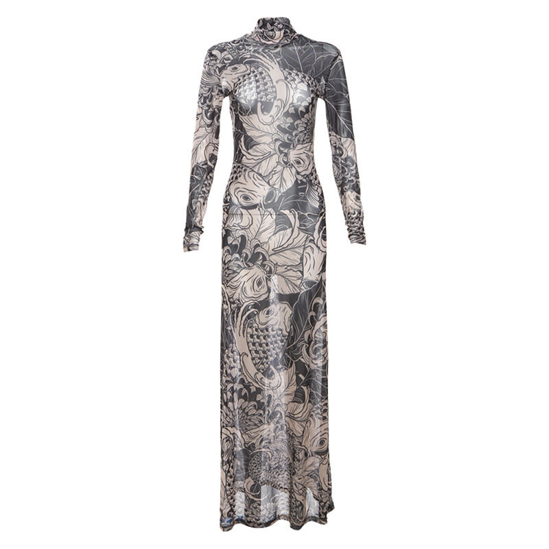 Fashionable Womens Sheer Mesh Floral Print Dress High Neck Slim Fit Trendy Style Perfect for Spring Summer Occasions