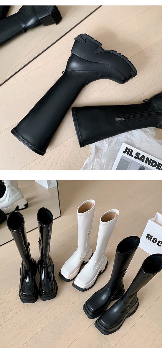 Boot nữ cổ cao ôm bắp chân gót vuông 9cm tăng chiều cao, đế dày chống trượt — Da sáng chế màu đen lót nhung ống nhỏ, Lót nhung ống nhỏ màu be, Màu đen bằng sáng chế da ống nhỏ bên trong, Màu đen da bò ống nhỏ lót một lớp