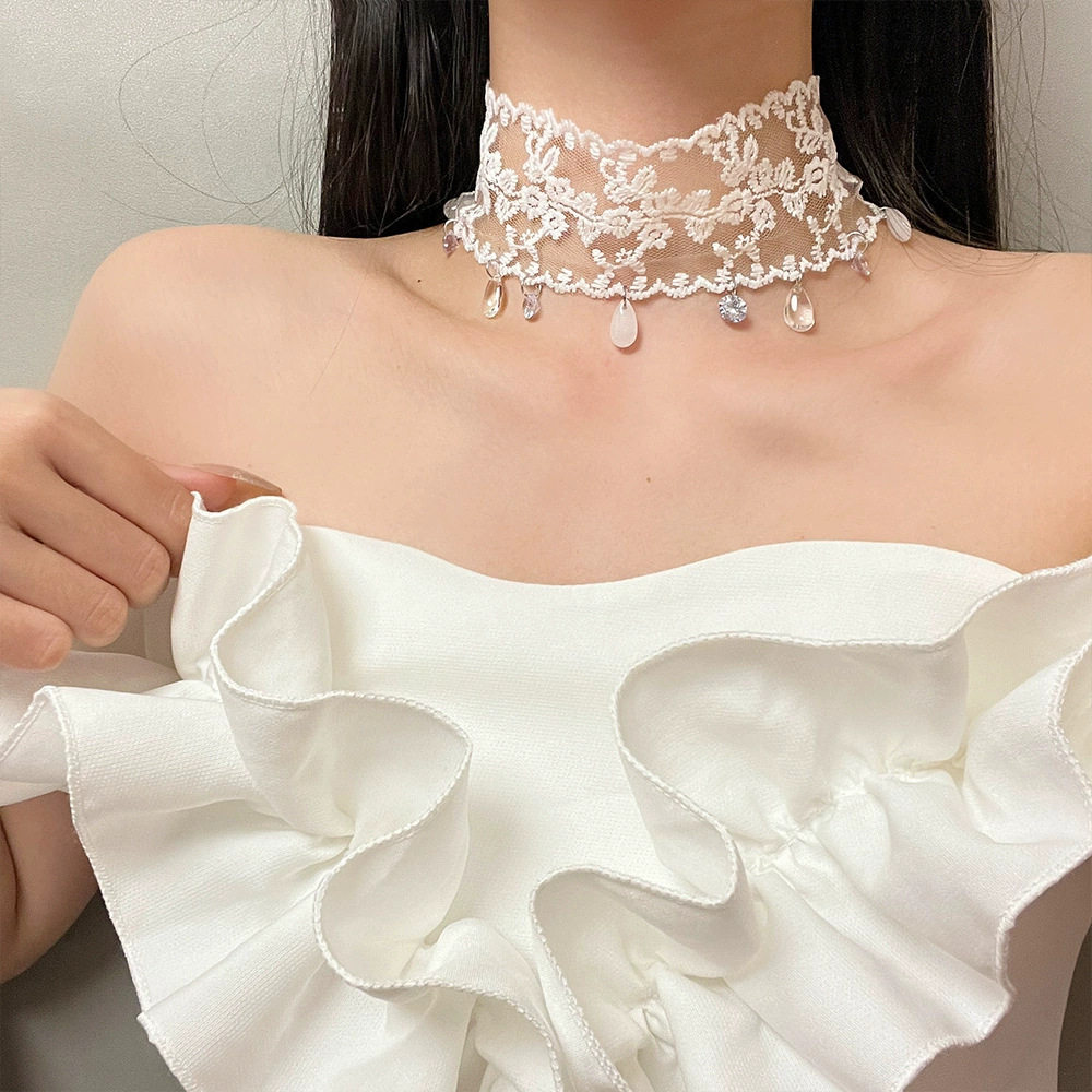 Sweet White Lace Wide Neck Strap Neck Chain Water Drop Tassel Simple Elegant All-match Collar Necklace Women's Necklace Accessories