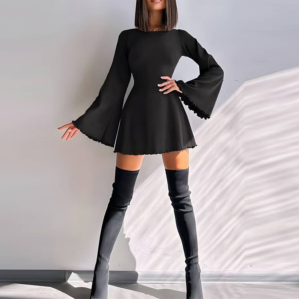Bell Sleeve Mini Dress Sexy Tie Detail Spring Summer European and American Style Wholesale Available