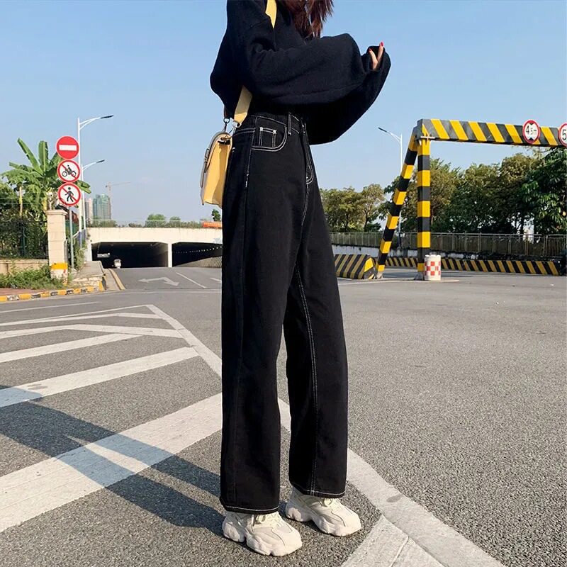 Black High Waisted Wide Leg Jeans for Women Loose Fit Slimming Versatile Casual Wear for Students Wholesale