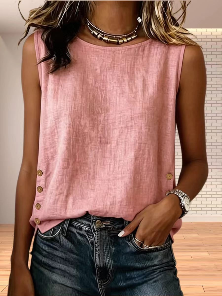 Womens Summer Sleeveless Loose Fit Tank Top Solid Color Round Neck Casual Style Wholesale Available