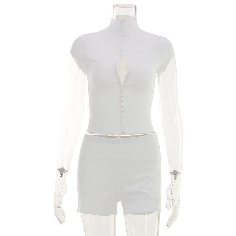 Fashionable Womens Two Piece Set Slim Fit Top with Hidden Buttons Solid Color Shorts Casual Summer Wear Wholesale
