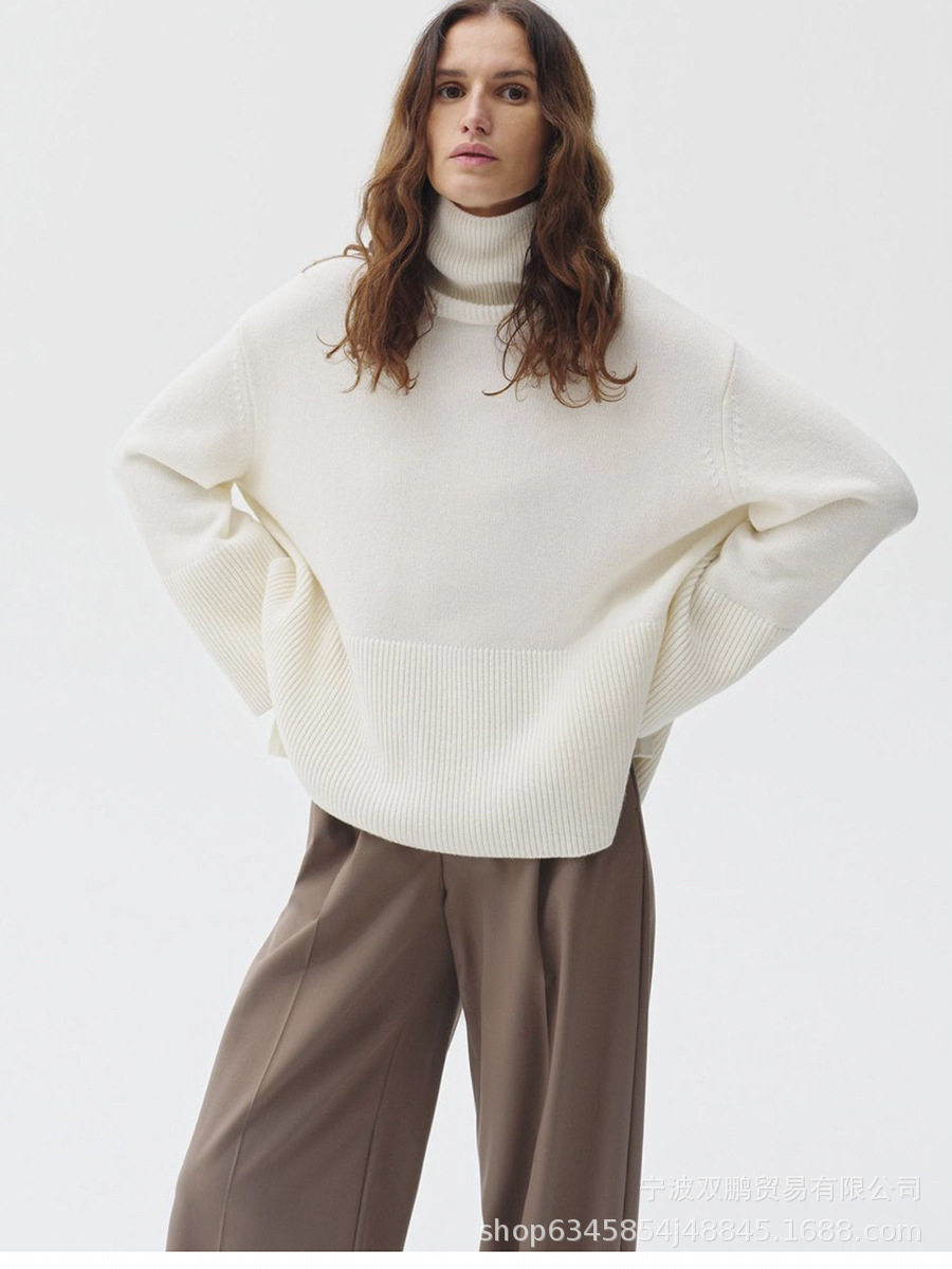 Loose Fit Turtleneck Sweater Solid Color Knitted Split Hem Autumn Winter Womens Fashion Wholesale Available