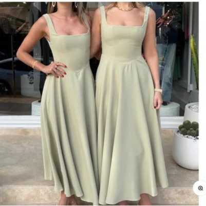 Elegant Solid Color Midi Dress for Women Slim Fit Spaghetti Straps Versatile Style Perfect for Parties and Events