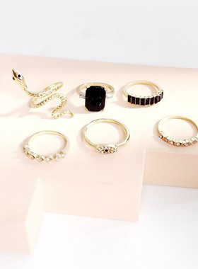 跨境热销  波西米亚风6件组合绿色水晶套戒女蛇形开口可调节指环