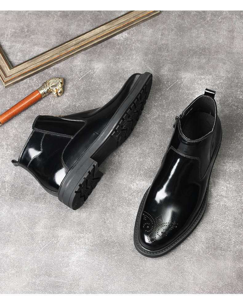 Boot nam cổ ngắn mũi tròn da bò bóng, họa tiết chạm khắc, khóa kéo bên, giữ ấm mùa đông — xanh sapphire, Màu đen, Màu đen lót nhung, Màu vàng nâu