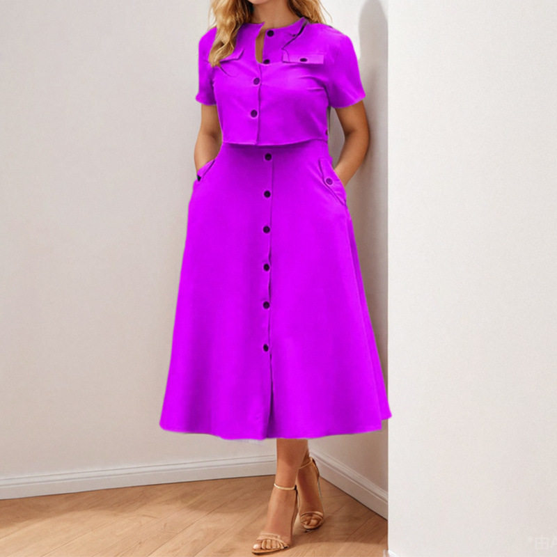 2024秋季时尚女装休闲套装优雅单排扣长款上衣短袖高领优雅知性风