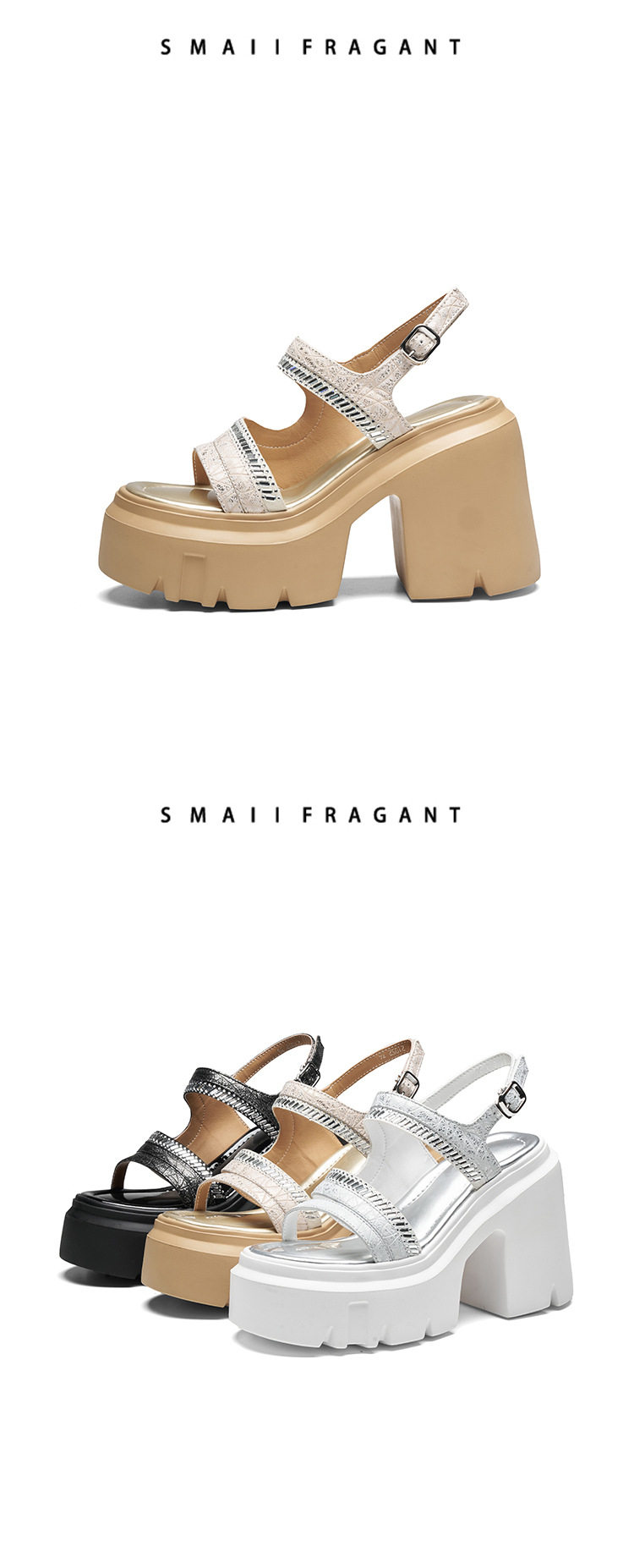 Sandal cao gót nữ hở mũi đế platform 12 cm, quai ngang đính đá — Xám, Áo khoác sáng, Bạc chi tiết 13