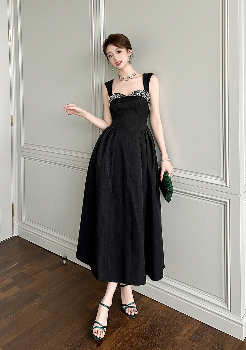 Đầm maxi nữ thắt eo cổ V dáng xòe tay dây bản — [Màu đen] chi tiết 5