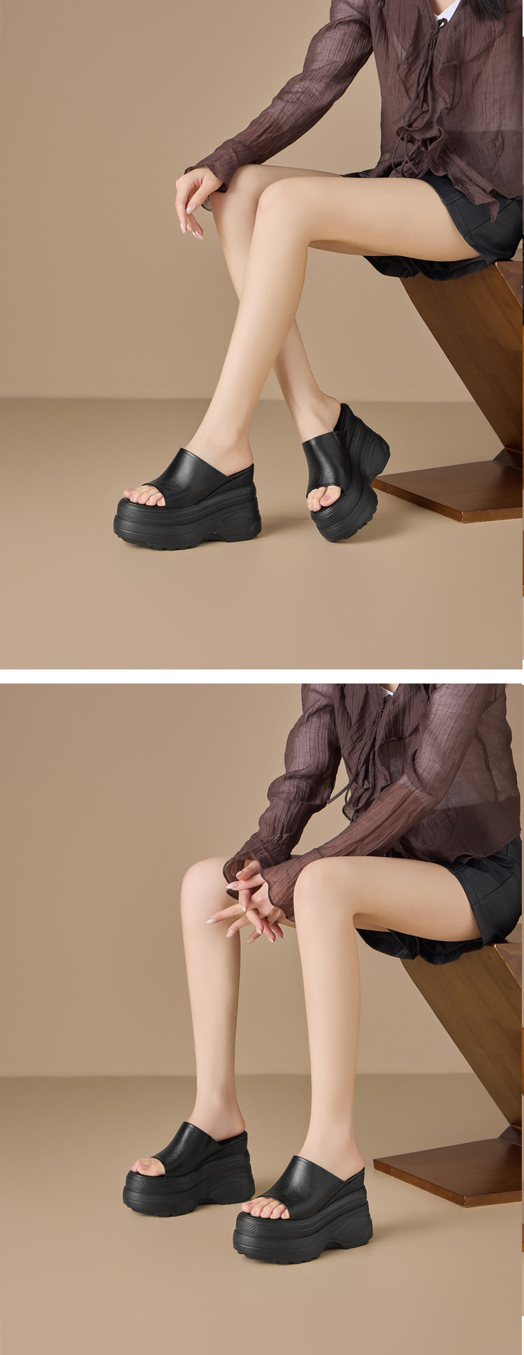 Sandal cao gót nữ mũi hở đế xuồng 12 cm da cừu — [Màu hồng đào], [Màu đen] chi tiết 3