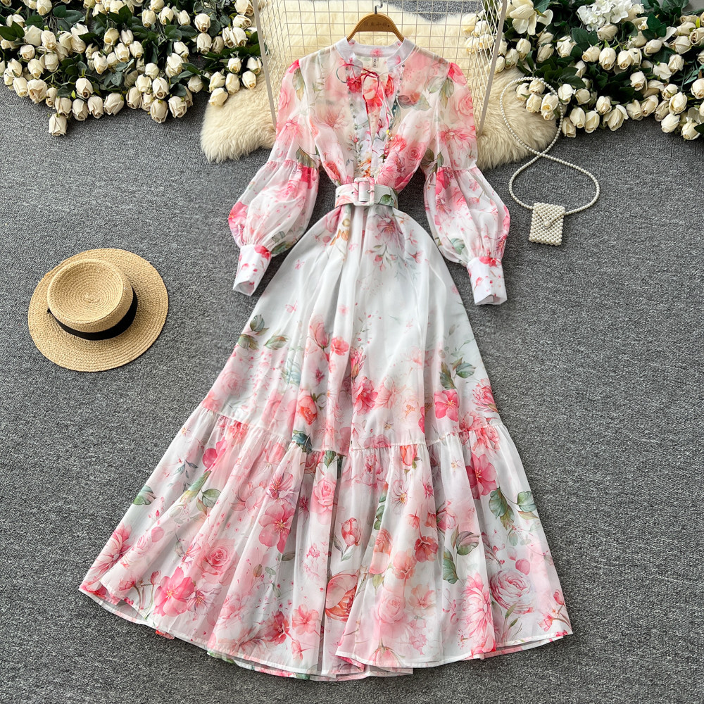 Floral Print A Line Dress with Rhinestone Accents Long Sleeve High Waist Elegant Style Spring Office Wear Wholesale