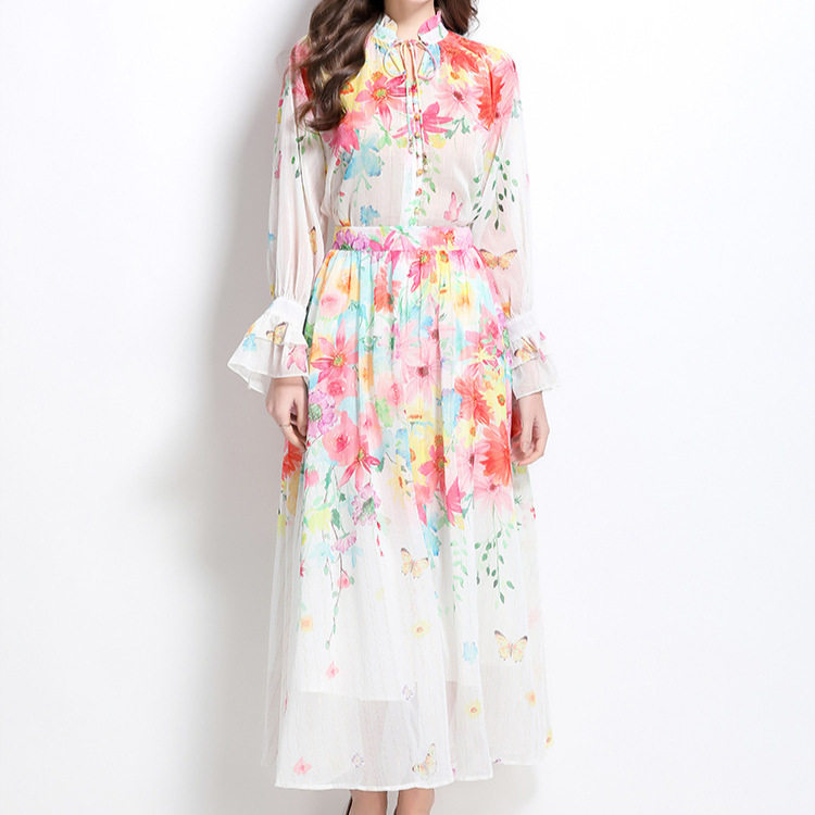 Chic Lantern Sleeve Printed Chiffon Top with Tie High Waist Flowing A Line Skirt Set Elegant for Parties and Events