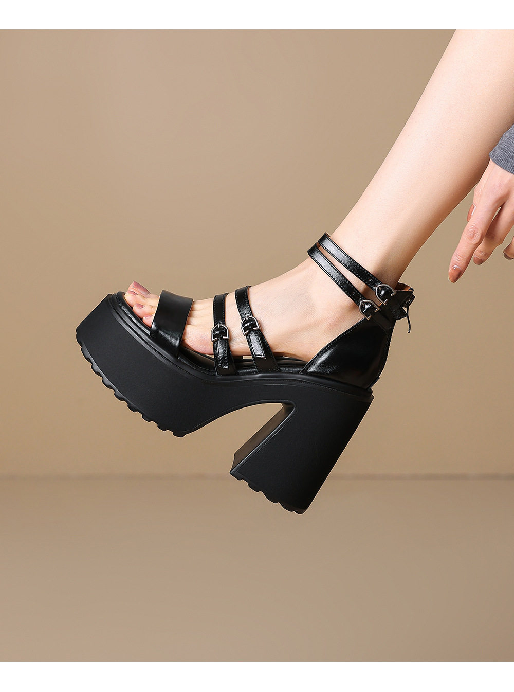 Sandal cao gót nữ hở mũi đế xuồng 12 cm phong cách La Mã — [Đen], [Đỏ] chi tiết 9