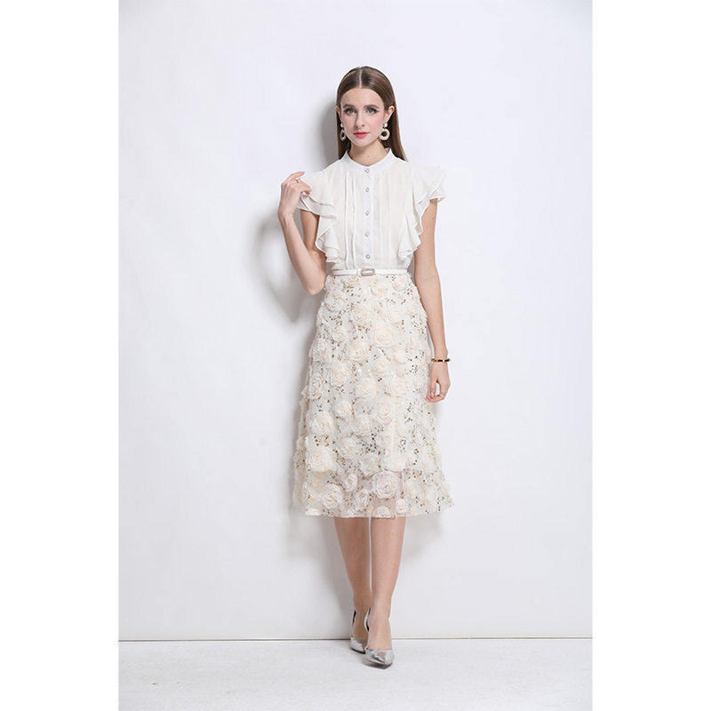 Elegant Midi Dress for Women French Style Floral Embellishments Waist Cinching Short Sleeves Perfect for Summer