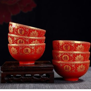 Ceramic bowl worshiping god Buddha Zhai red bowl wedding housewarming new house festive bowl golden jade temple worship red happy bowl