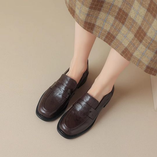 粗跟小皮鞋2024新款秋冬复古百搭乐福鞋中跟圆头英伦风真皮单鞋女