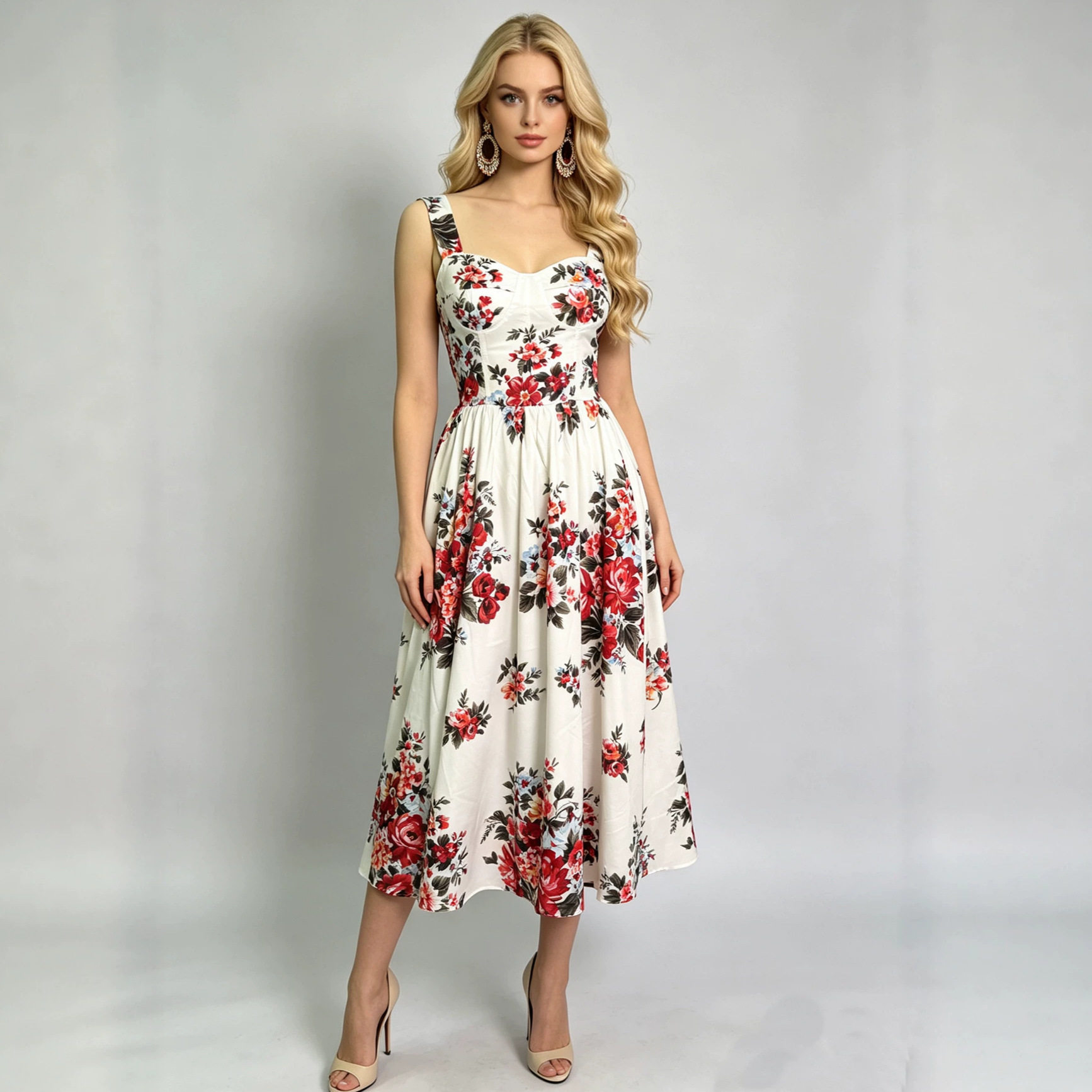 Floral Print Sleeveless A Line Dress High Waist Flattering Fit Summer Style Elegant Casual Wear Wholesale Available