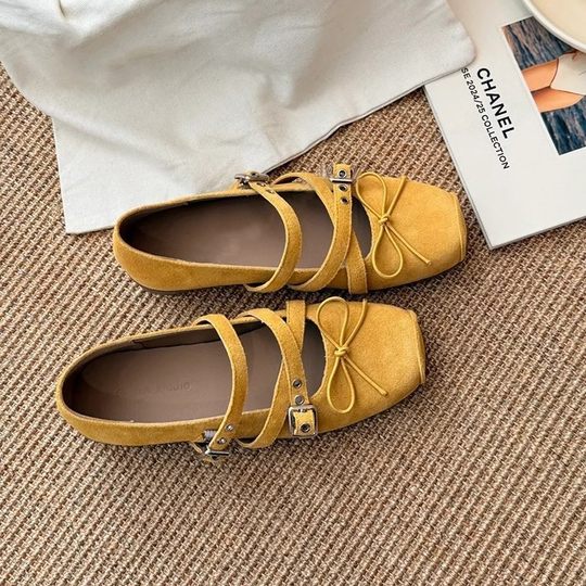 羊皮版6cm内增高方头蝴蝶结皮带扣浅口玛丽珍单鞋女软底芭蕾舞鞋