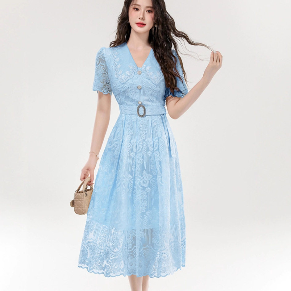 Elegant Lace V Neck Short Sleeve Dress Summer Waist Tie Slim Fit Princess Style Wholesale Availability