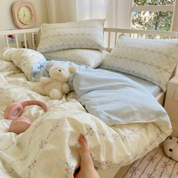 Fresh and Simple Pure Cotton Four-Piece Set for Student Dormitory, All-Cotton Cartoon Three-Piece Set, Small Floral All-Cotton Duvet Cover, Bed Sheet, and Fitted Sheet