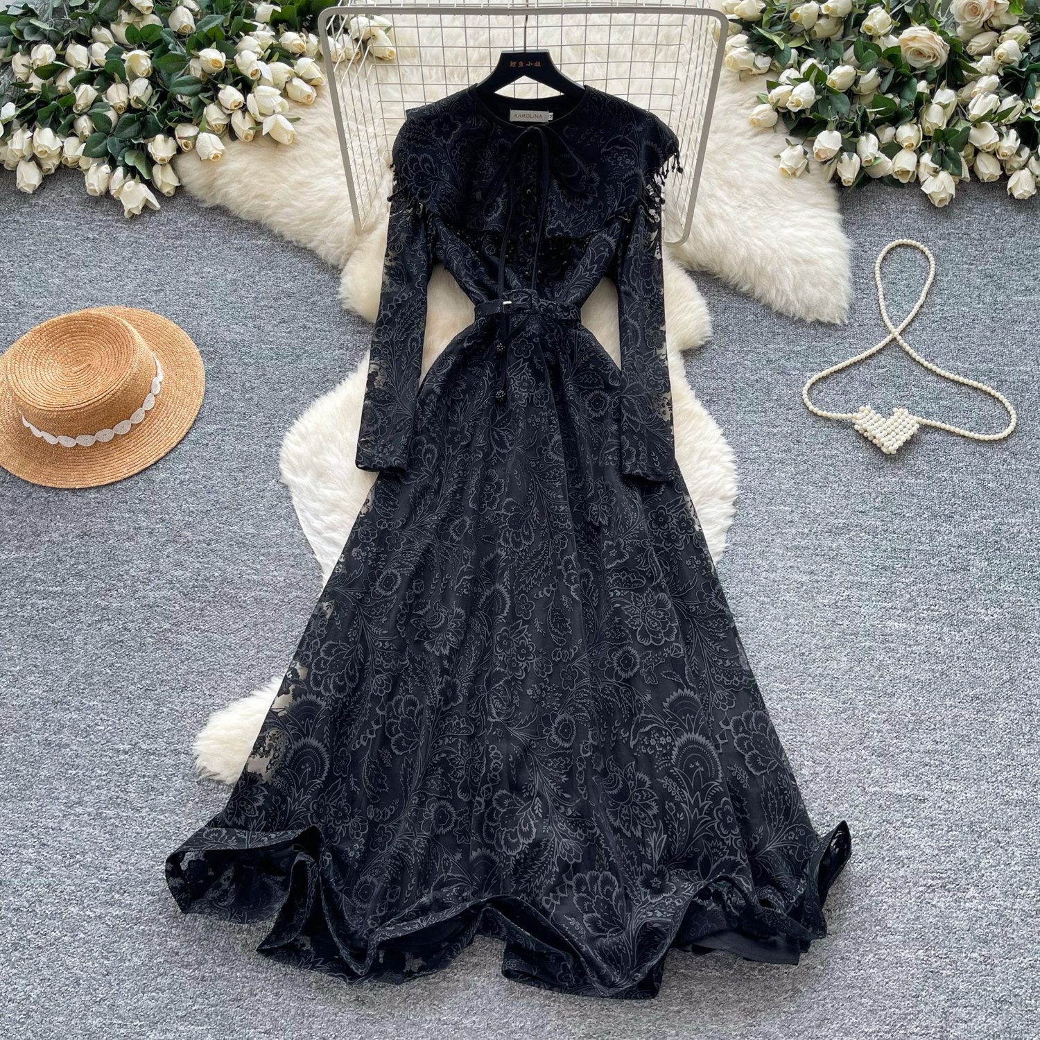 French Court Style Lace Long Sleeve Dress High Waist Tie Waist A Line Silhouette Elegant for Autumn Wholesale