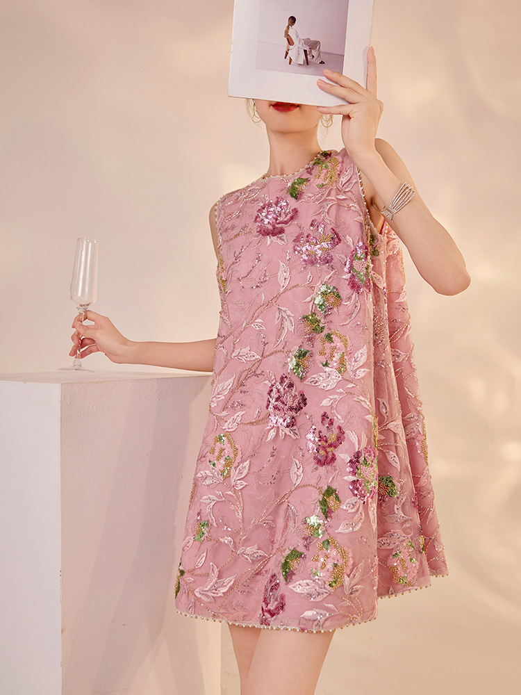 Đầm liền thêu cao cấp không tay dáng chữ A phối sequin lấp lánh — Bột Begonia (giao hàng trong 7 ngày), Bột Begonia (phát hành trong cùng ngày)