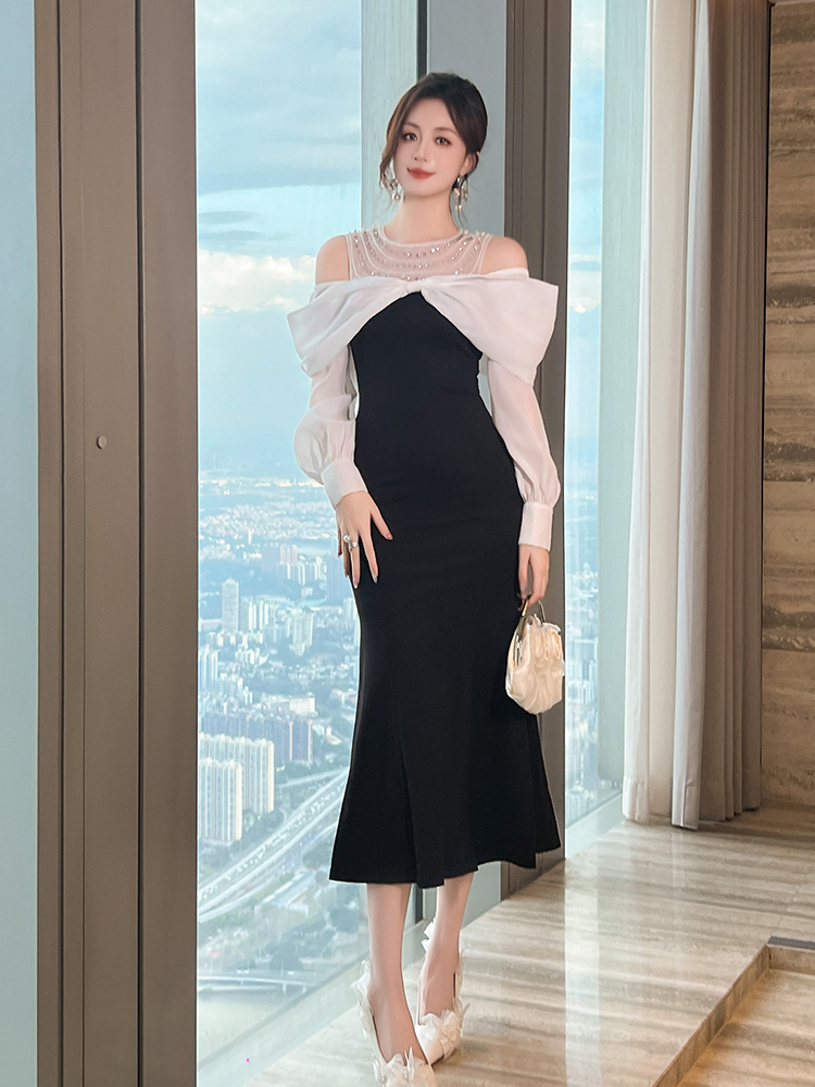 Đầm dài nữ trễ vai thiết kế đuôi cá thanh lịch — Màu đen