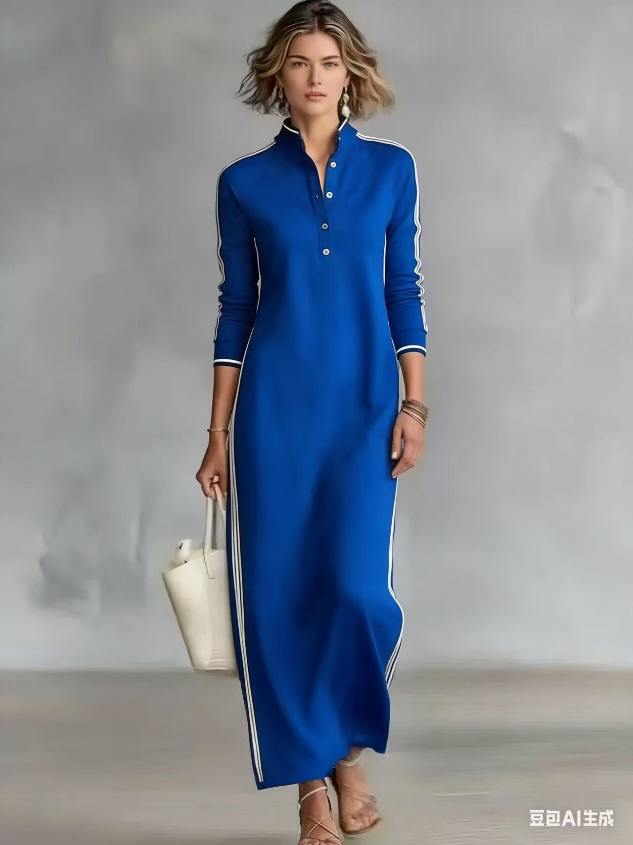 2026跨境外贸速卖通新款女士阿拉伯风格简约纽扣领长袖长款连衣裙