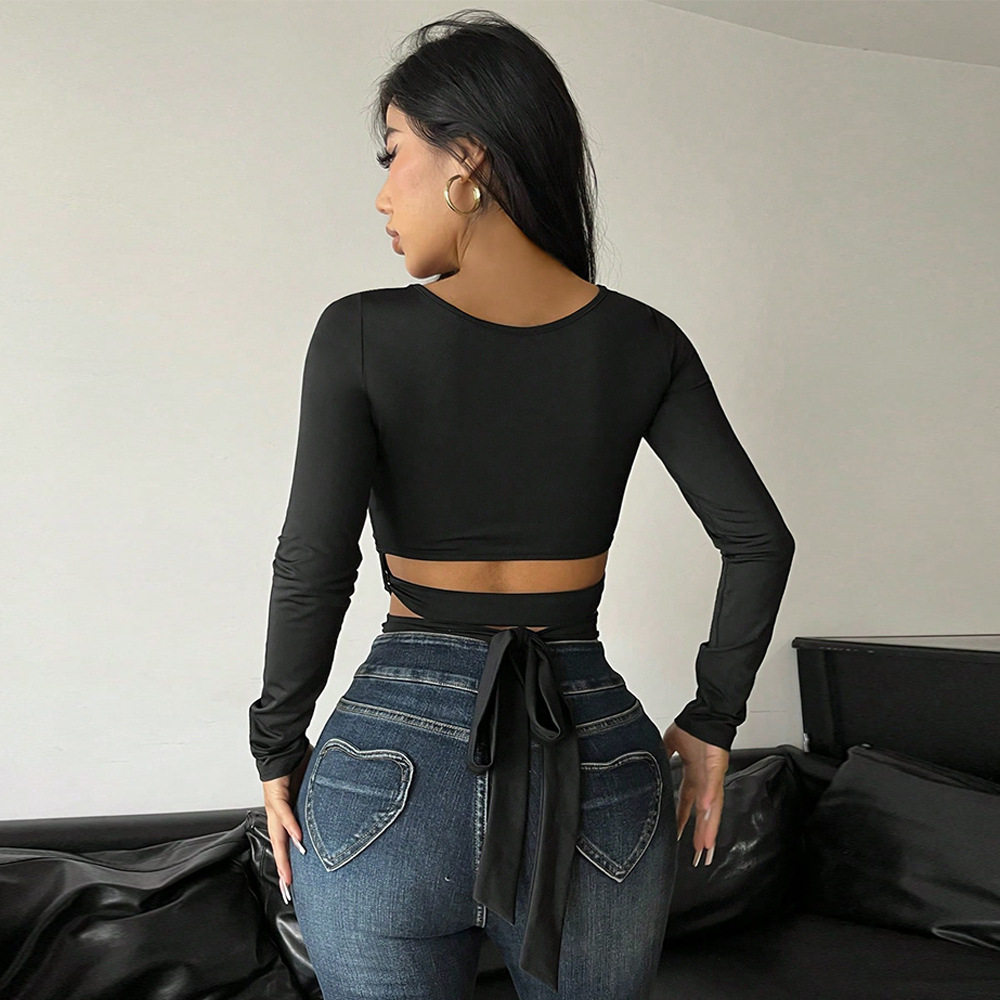 Slim Fit Long Sleeve T Shirt Unique Design Sexy Hollow Out Short Crop Style Spring Summer Womens Fashion Wholesale