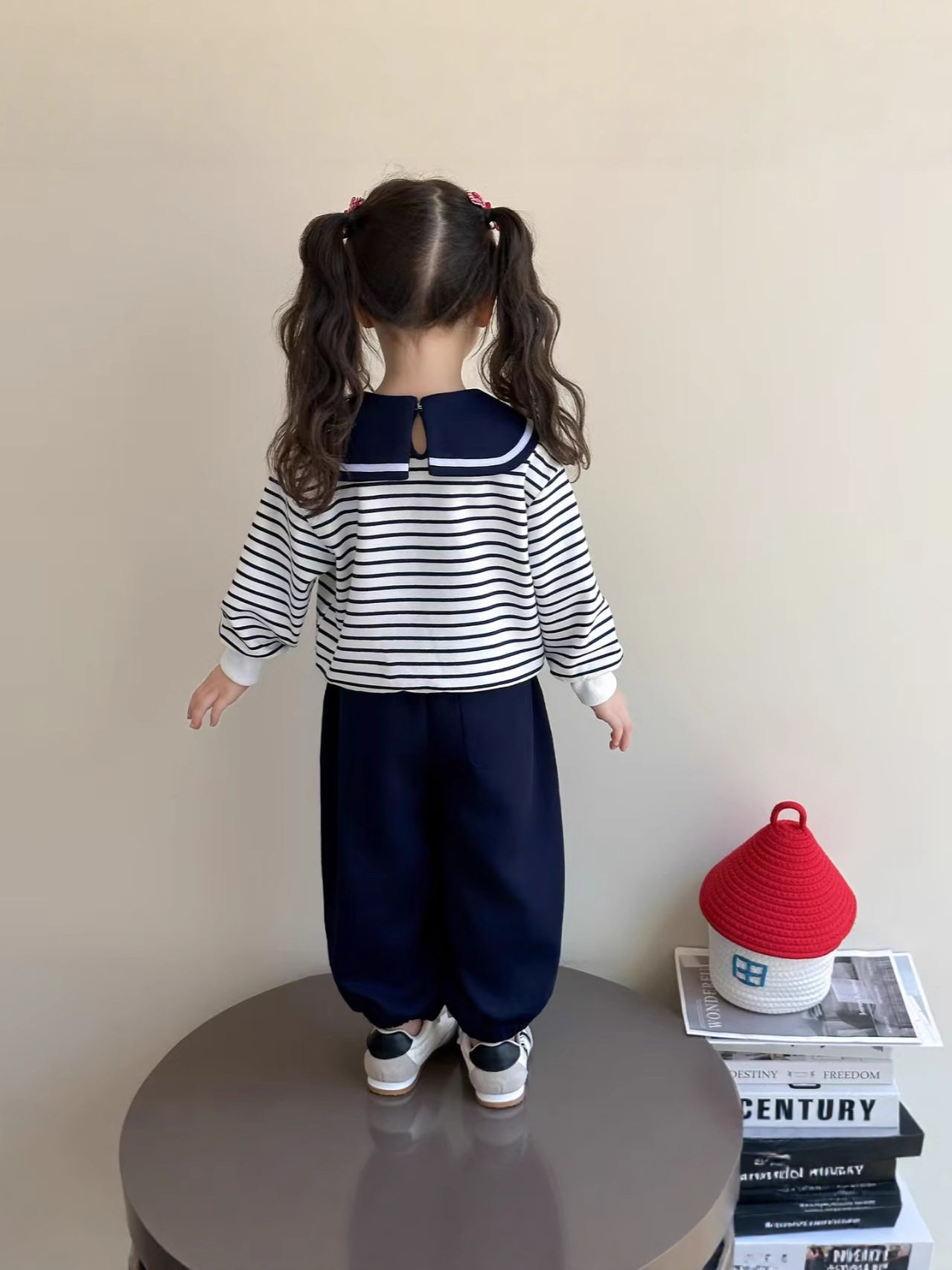 Girls' Autumn Hoodie Set, Kids' Cute Sailor Collar Casual Top, Baby Cartoon Striped Tie Hoodie