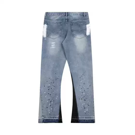 2024 American Trendy Brand Hole Splicing Gradient Spray Paint Jeans Men's High Street Wide Leg Bootcut Pants Cross-border