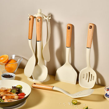 Silicone spatula household non-stick special cooking spatula wooden handle food grade high temperature resistant soup spoon kitchen utensils set