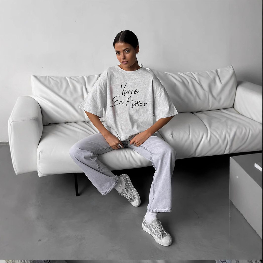 Womens Summer Loose Fit Cotton T Shirt Graphic Print Round Neck Short Sleeve Casual Wear Wholesale Available