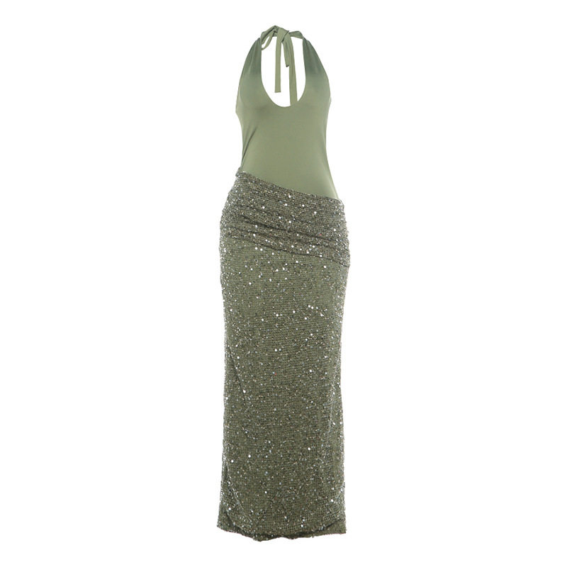Summer Womens Bodycon Dress Sexy Hollow Cross Neck Stylish Sequins Slim Fit Evening Party Wear OEM Available