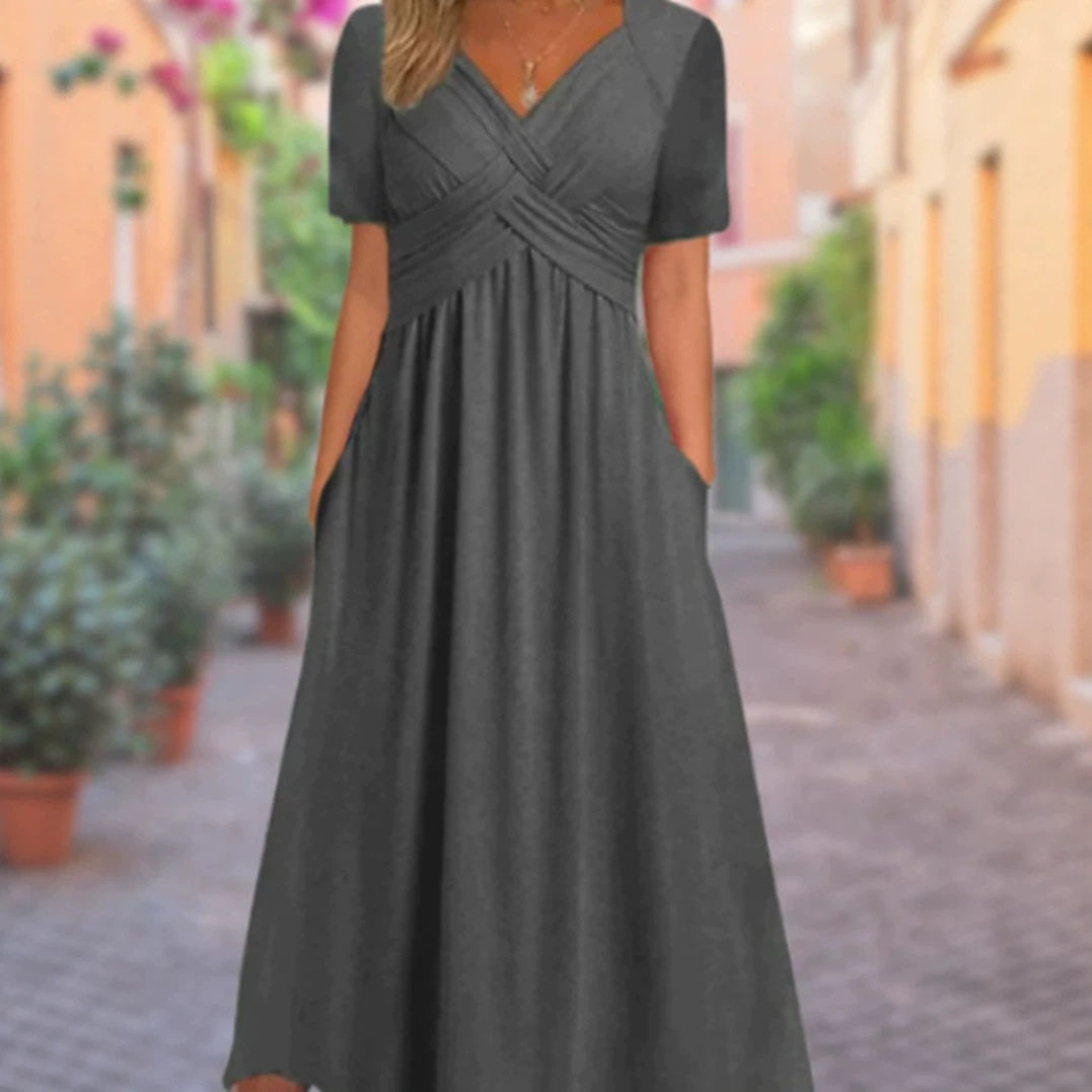 Summer Casual Solid Color V Neck Short Sleeve Pocket Dress for Women Trendy Comfortable Versatile Wholesale Available